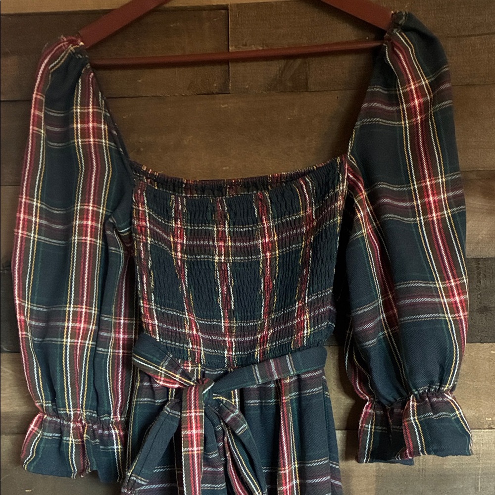 Plaid Off-Shoulder Maxi Dress with Waist Tie - Navy/Red - Picture 5 of 5